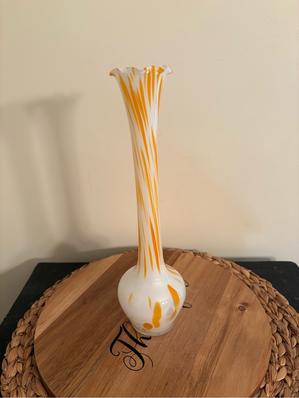 Hand-Blown White Glass Bud Vase with Warm Yellow Swirl